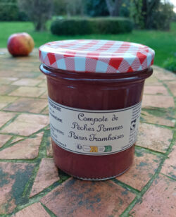 compote de pommes, pêches, poires et framboises